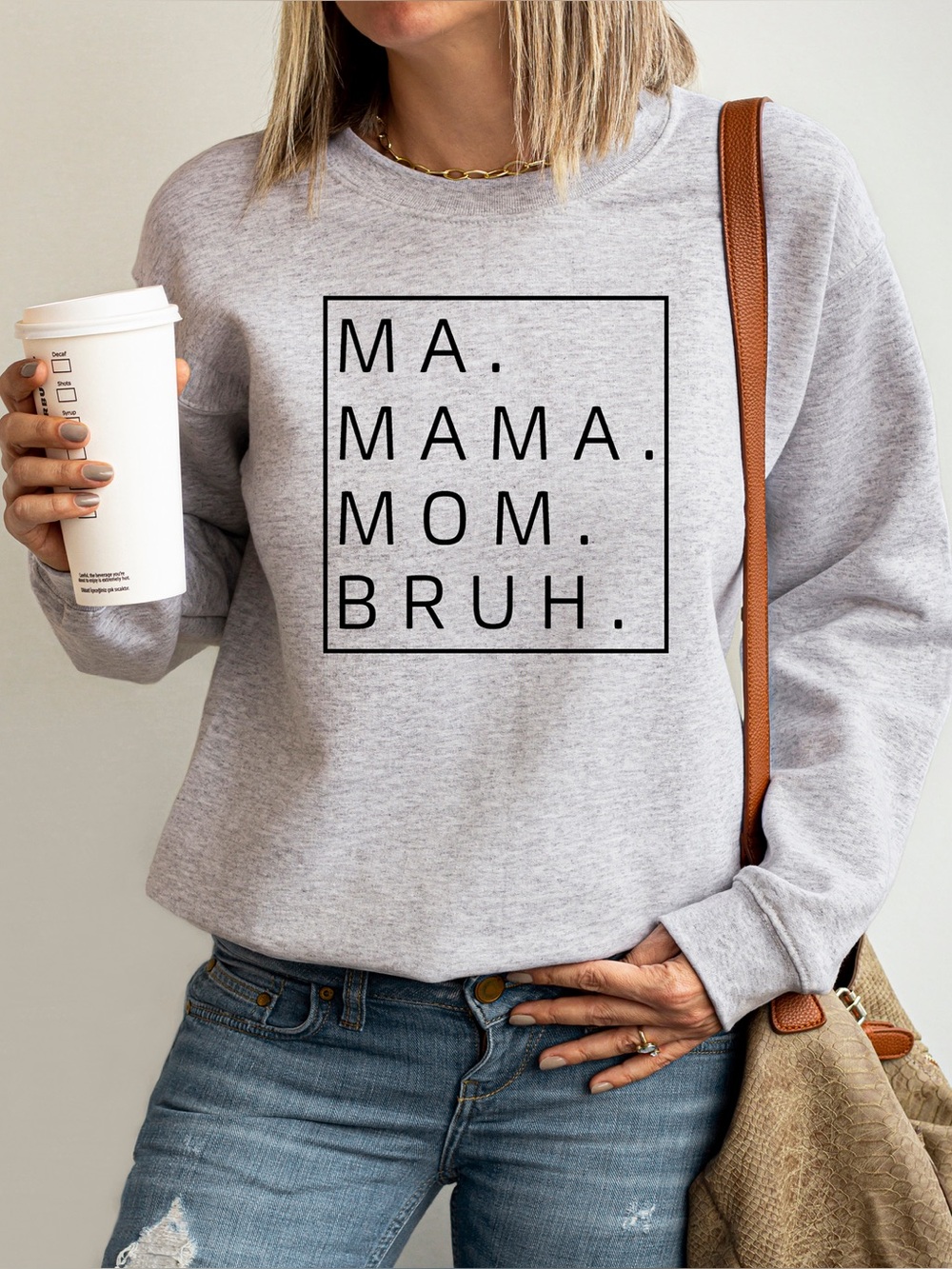 Light Gray Graphic Crewneck Sweatshirt - Casual Mom Ma Bruh Pullover
